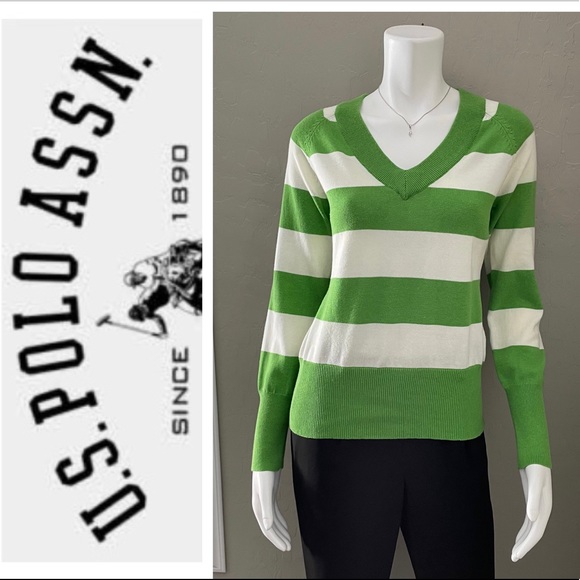 U.S. Polo Assn. Sweaters - U.S. Polo Assn Green & White Stripe V-Neck Sweater
